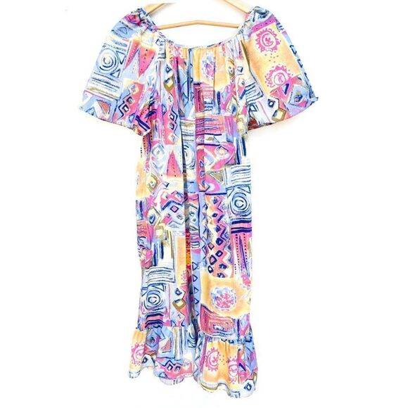 Vintage Handmade Colorful Pastel Abstract Print Short Sleeve Midi Ruffle Dress - Picture 6 of 9